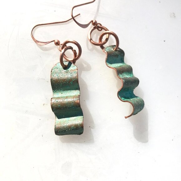 Solid Copper Patina Green Verdigris Earrings Drop Dangle Form Folded Brutalist - Picture 5 of 11